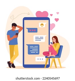 Vector illustration of couple dating. Cartoon scene with a boyfriend and girlfriend who correspond by phone send love messages on white background.