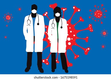 Vector illustration of couple of doctor with medical mask spreading virus sign in air. Symbol of disease and coronavirus.