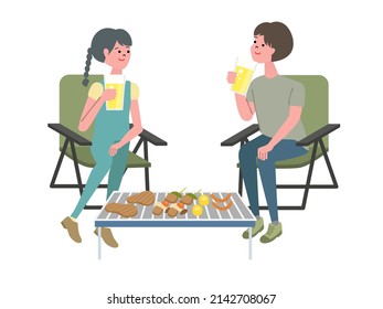 Vector illustration of couple doing barbecue.
