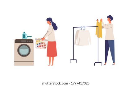 Vector illustration of a couple doing their laundry. People doing housework. Stay at home concept.