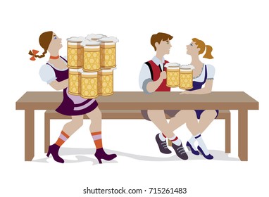 Vector Illustration Of Couple Drinking Beer And Woman Holding A Lot Of Beer Mugs. They Are Wearing In Traditional Octoberfest Costume.