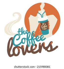Vector illustration Couple drinking coffee. Flat style. Inscription: The coffee lovers