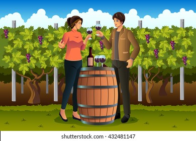 A vector illustration of couple drinking wine in vineyard