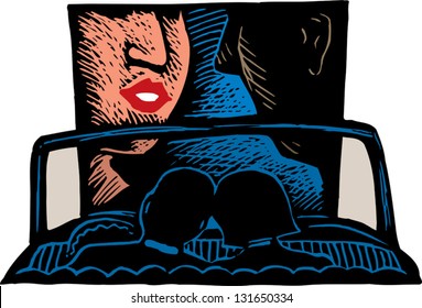 Vector illustration of couple at drive-in romantic movie