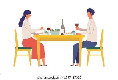 Vector Illustration Of A Couple Eating Dinner Together. People Doing Housework. Stay At Home Concept.