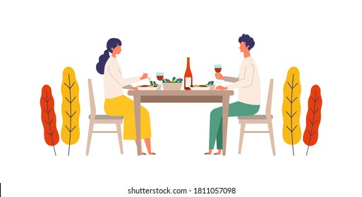 Imagen vectorial de una pareja cenando juntos durante el otoño. A la gente le gusta beber vino. Manténgase en casa.