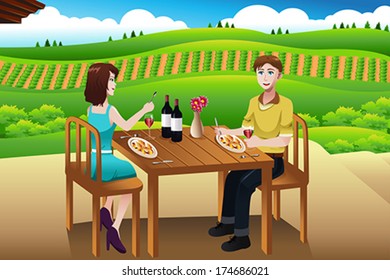 A vector illustration of couple eating lunch picnic at a winery