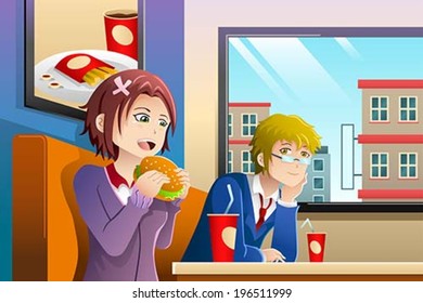 A vector illustration of couple eating lunch together at a fast food restaurant