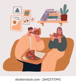 Vector illustration of Couple eating pizza at home. Portrait of an happy couple.They are laughing and eating pizza and having a great time. Couple home eating pizza