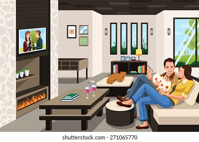 A Vector Illustration Of Couple Eating Take Out Chinese Food At Home