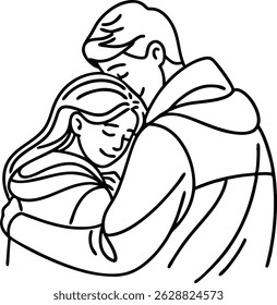 Vector illustration of a couple embracing showing love and support in simple black and white outline style
