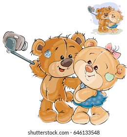 Vector illustration of a couple of enamored brown teddy bears making his selfie photo on a smartphone. Print, template, design element