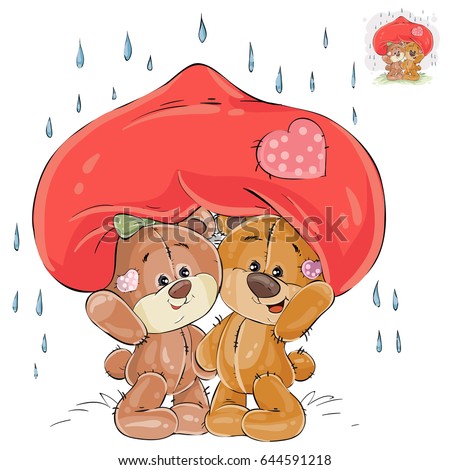 Vector illustration of a couple of enamored brown teddy bears hid from the rain under a big red heart, a metaphor. Print, template, design element