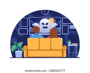 Vector illustration of a couple engrossed in a late-night horror movie on their cozy living room sofa, evoking palpable suspense and thrill.
Perfect for web, animation, landing page, etc