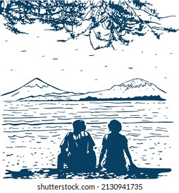 Vector illustration of a couple enjoying the beach