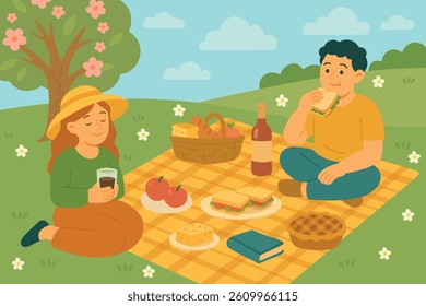 Vector illustration of a couple enjoying a spring picnic with sandwiches, wine, fruit, and pie.