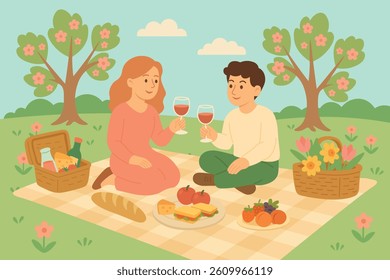 Vector illustration of a couple enjoying a spring picnic with wine, fruit, flowers and snacks.