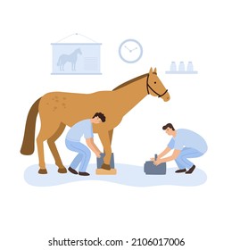 Vector Illustration Of A Couple Of Equine Veterinarian Making Xray To A Horse