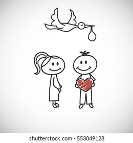 Vector illustration of couple expecting a baby and stork carrying a baby(cartoon doodle)