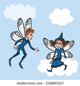 Vector illustration of couple of fairytale elves in cloud sky