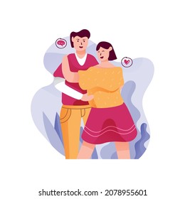 Vector illustration couple falling in love in the park, hugging and cuddling each other. Happy cuddle up day.