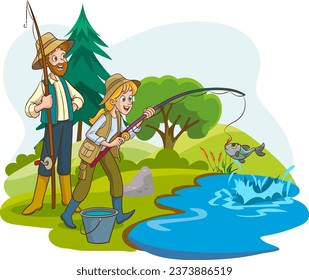 vector illustration of couple fishing