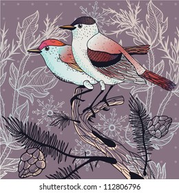 vector illustration of a couple of forest birds in winter