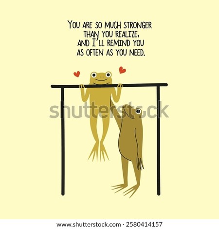 Vector illustration with couple of frogs doing sport pull ups together. Support inspirational phrase. Romantic Valentine's day greeting card template, apparel print design, wall decoration poster