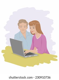 Vector illustration of a couple in front of laptop