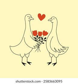 Vector illustration with couple of geese and red flowers. Cute and romantic print design, home decoration poster, greeting card template, apparel print design