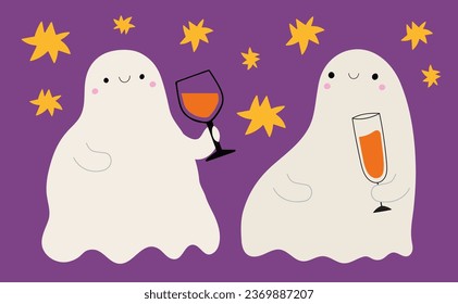 Vector illustration with couple of ghosts drinking wine and drinks from glasses together. Purple background with stars. Halloween party print poster, greeting card template