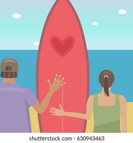 Vector illustration of couple of girl and guy with surfboard. Seascape summer beach.