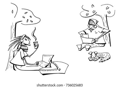 Vector illustration. A couple of a girl and a guy are sitting in the park with laptops.