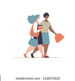Vector illustration couple girls with briefcase and book go to school. Concept of a school friendship and communication modern style