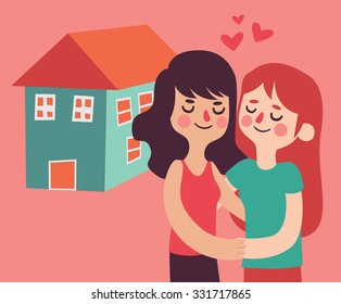Vector illustration of a couple of girls buying their new home. 