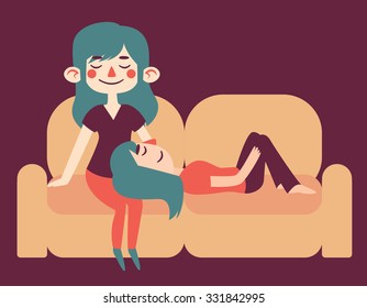 Vector illustration of a couple of girls relaxing on a sofa. One girl is sitting and the other laying down.