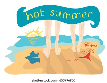 Vector illustration a couple goes to bathe in the sea without clothes, hiding under a towel with an inscription / Spend the hot summer together