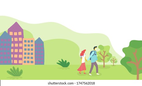 Ilustración vectorial. La pareja va a dar un paseo por el parque fuera de la ciudad durante la cuarentena. Distancia social. Un paseo al aire libre durante una pandemia