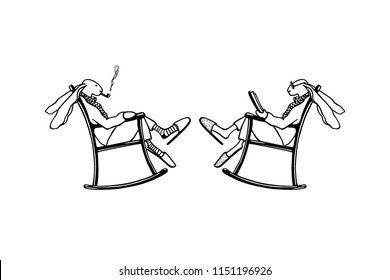 Vector Illustration Of A Couple Of Hand Drawn Hares In Rocking Chairs. Beautiful Ink Drawing, Sweet Illustration