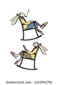 Vector illustration of a couple of hand drawn hares in rocking chairs. Beautiful ink drawing, sweet illustration