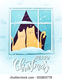 vector illustration of couple hand drawn cats, sitting on window with greeting lettering phrase - merry christmas - with snowflakes. Design for greeting card or poster.