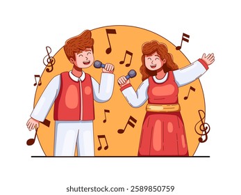 Vector illustration of a couple happily singing together with a microphone. 
Perfect for design themes related to music, social media, presentation, etc. 