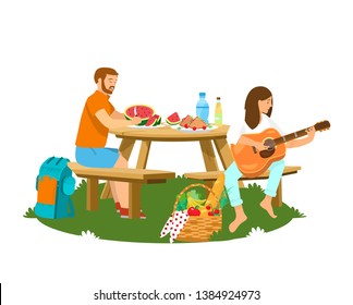 Vector illustration of couple having picnic isolated. Woman playing guitar, man cutting watermelon. Picnic basket with fruits, vegetables and baguette. Cartoon style.