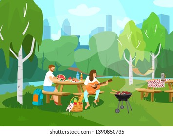 Vector illustration of couple having picnic in park. Woman playing guitar, man cutting watermelon. Cityscape at the background. Picnic bascket, barbeque. Cartoon style.