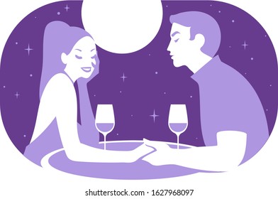 vector illustration of a couple having romantic dinner at night, sitting at a round table in a restaurant, drinking wine