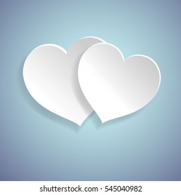 vector illustration of couple hearts on the blue background, paper cutout art style