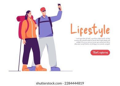 Vector illustration of a couple of hikers travelers with backpacks taking selfie.