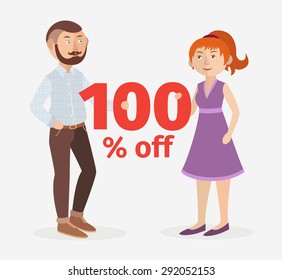 Vector illustration with couple hold 100 % off sign