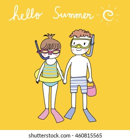 vector illustration - couple holding hand on summer vacation. Woman with goggle, snorkel, flippers and swimming circle. Man with snorkel, diving mask and swim fins. Hello summer.