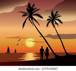 vector illustration of couple holding hands on beach at sunset